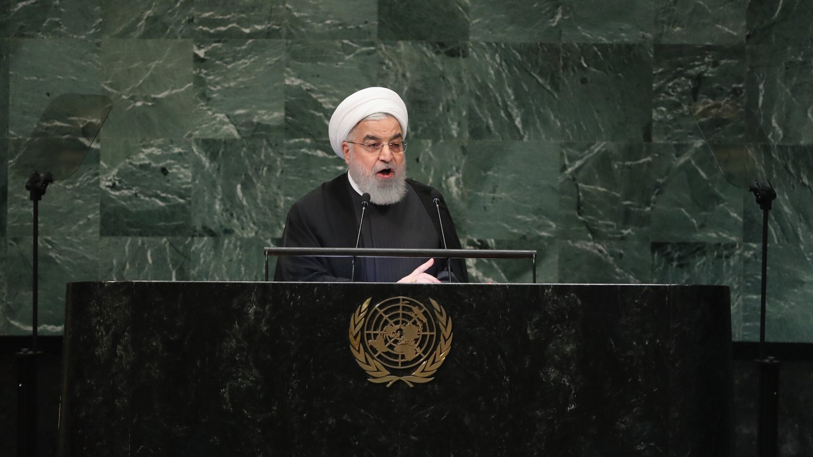 NEW YORK, NY - SEPTEMBER 25:  President of Iran Hassan Rouhani addresses the United Nations General Assembly on September 25, 2018 in New York City. World leaders gathered for the 73rd annual meeting at the UN headquarters in Manhattan.  (Photo by John Moore/Getty Images)